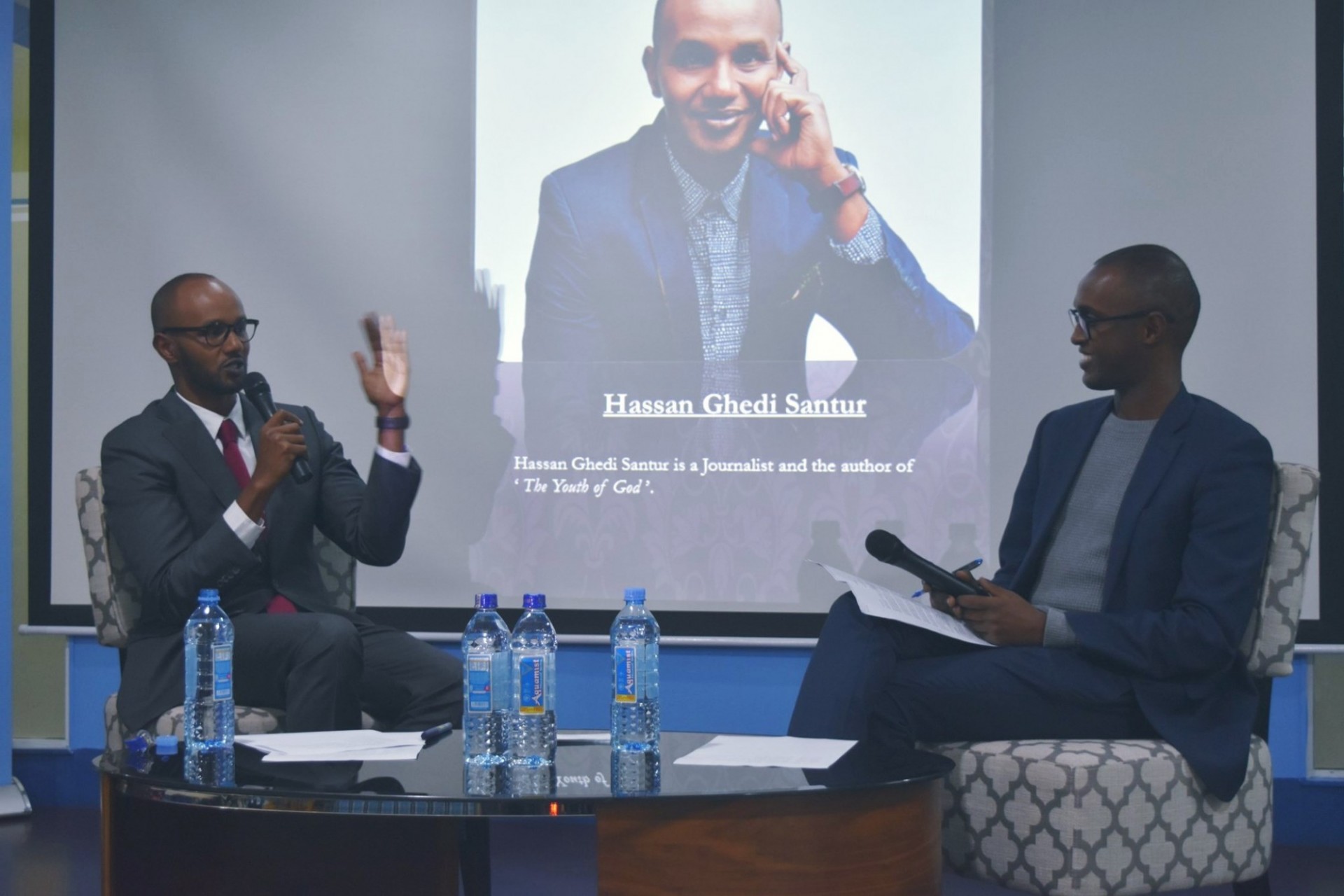 Author Hassan Sentur and moderator Abdi Latiff during the booklaunch of 'The Youth of God"