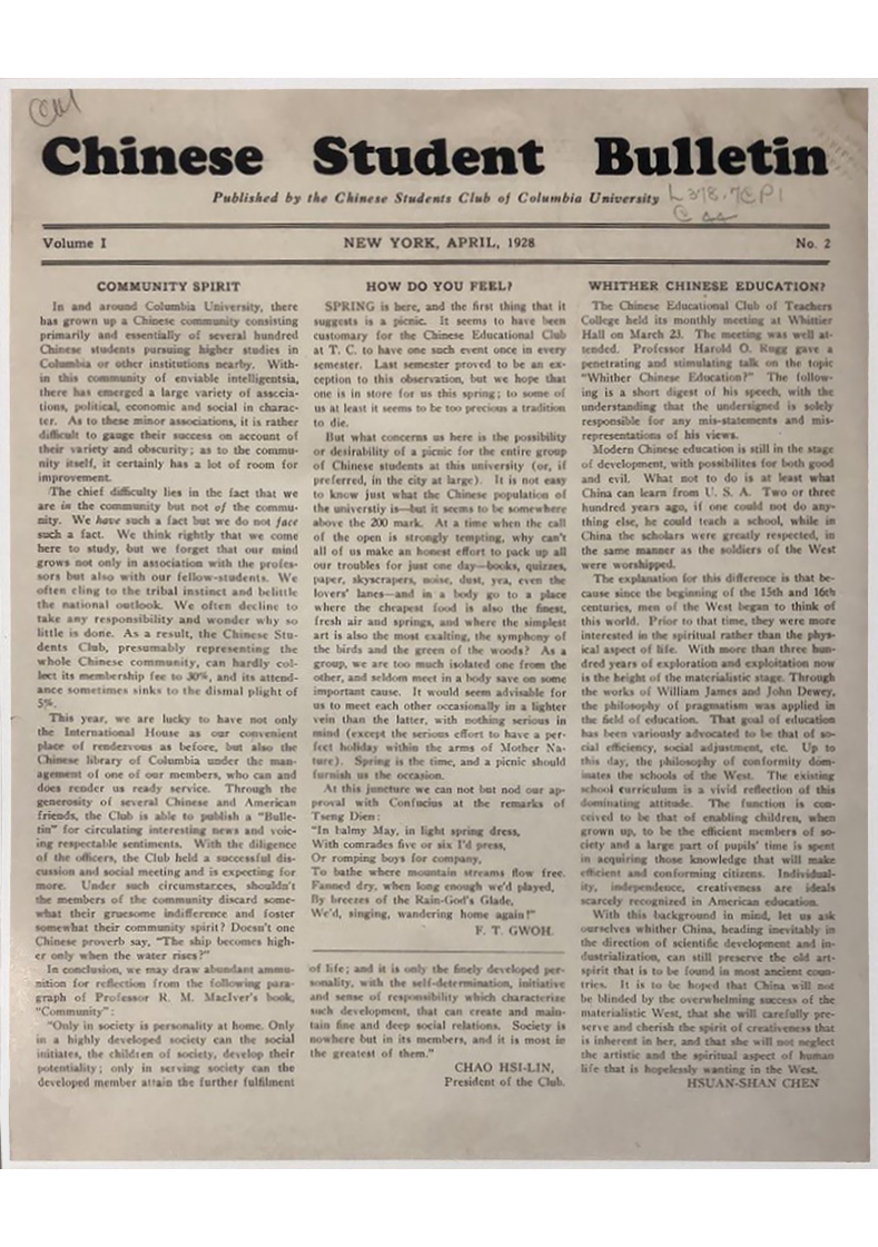 Columbia Chinese Student Bulletin, April 1928