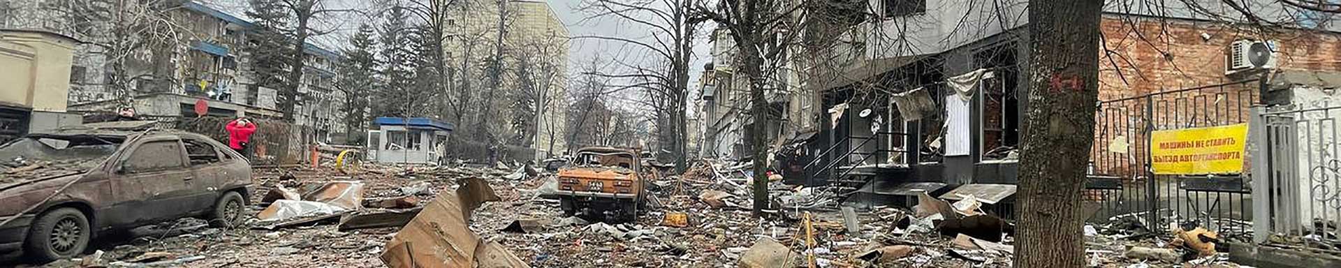 March 3, 2022: destroyed buildings on the streets of Kharkiv, Ukraine.  — Photo by YuriiKochubey
