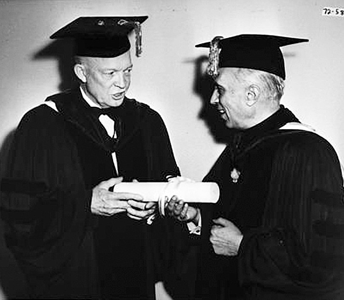Prime Minister Nehru (right) receives an honorary degree from General Eisenhower at Columbia University. Photo: U.S. Department of State. Harry S. Truman Library & Museum. Nehru and Eisenhower