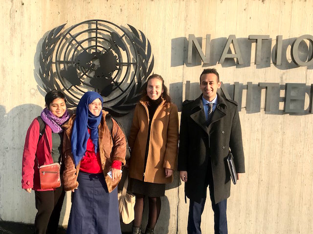 students standing in front of the United Nations building in Geneva