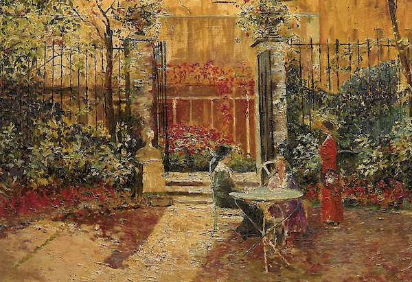 Painting of Reid Hall by Blondelle Malone Two women in garden