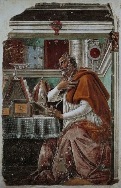 Sandro Botticelli, Saint Augustine in His Study, fresco, 152 cm × 112 cm, Church of Ognissanti, Florence, 1480. Courtesy of Wikipedia Commons.