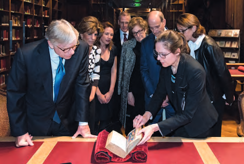 resident Lee C. Bollinger viewing treasures of the BnF, in the company of Stavros Niarchos Foundation CFO Christine Lambropoulou, Julie Fry, Professor Mark Mazower, Judith Ginsberg, Paul LeClerc, BnF President Laurence Engel Lee Bollinger at the BNF