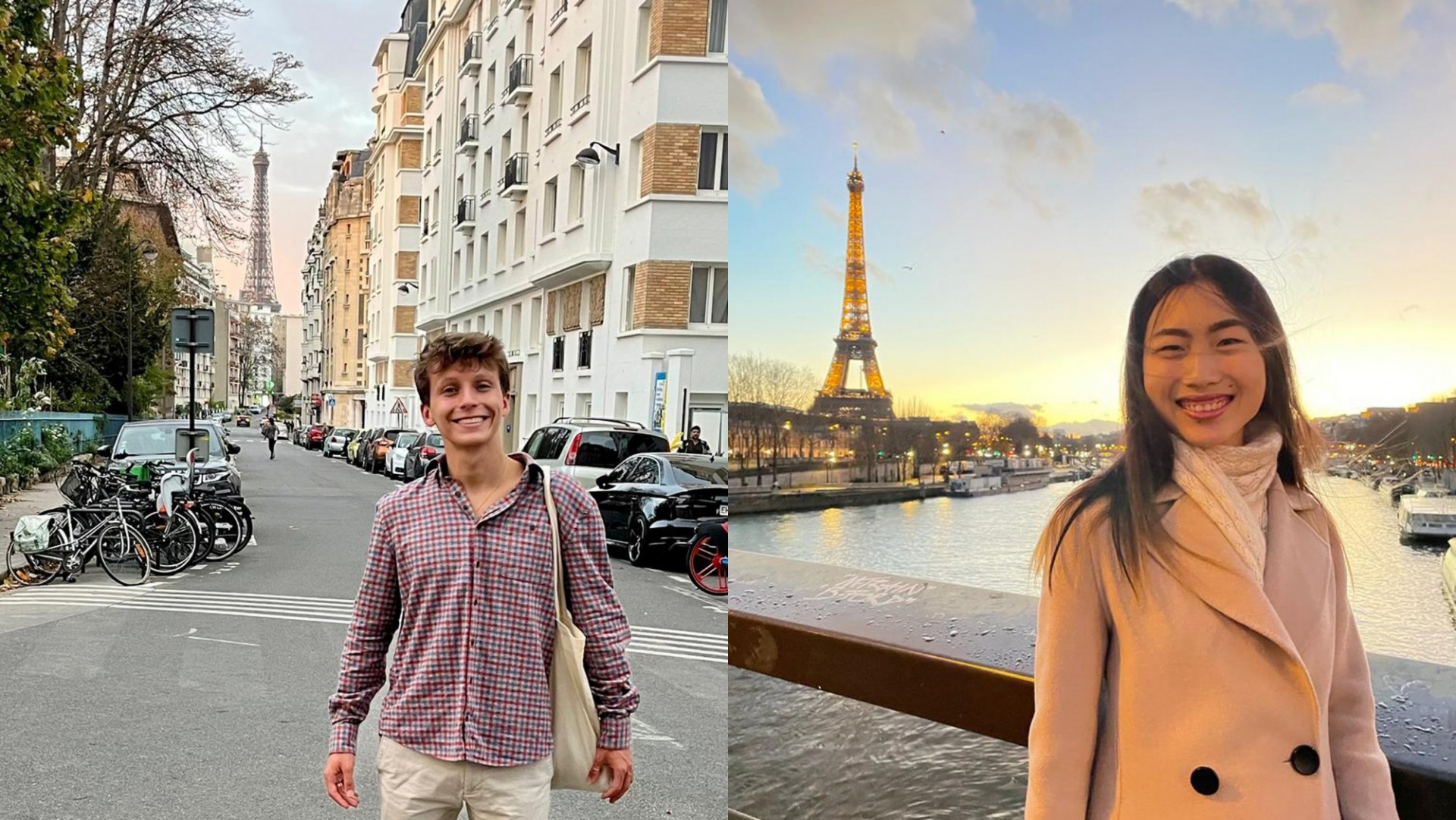 Students Cullen Allen and Sybil Fu in front of the Eiffel Tower