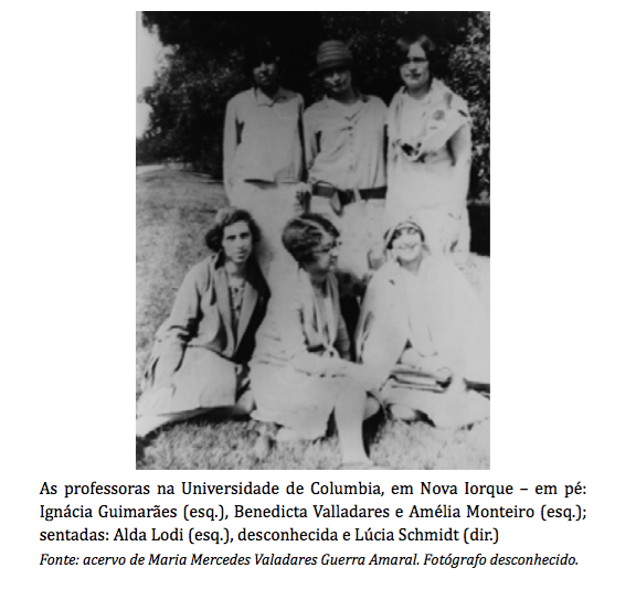 Page 73. “Ignácia Guimarães (esq.), Benedicta Valladares e Amélia Monteiro”De Melo, Roberta Maira. “O ensino de arte e as mulheres/professoras em suas representações na educação em Minas Gerais.” Artes visuais e educação: ensino e formação, Editora da Universidade Federal de Uberlândia 2017. 	