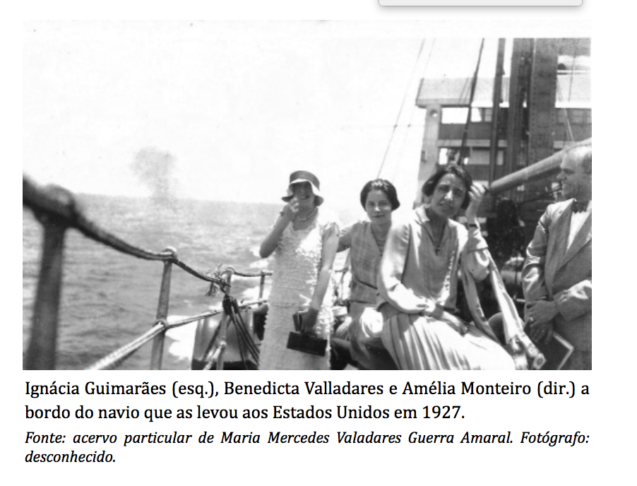 “As professoras na Universidade de Columbia, em Nova Iorque – em pé: Ignácia Guimarães (esq.), Benedicta Valladares e Amélia Monteiro (esq.); sentadas: Alda Lodi (esq.), desconhecida e Lúcia Schmidt (dir.)” De Melo, Roberta Maira. “As professoras na Universidade de Columbia, em Nova Iorque – em pé: Ignácia Guimarães (esq.), Benedicta Valladares e Amélia Monteiro (esq.); sentadas: Alda Lodi (esq.), desconhecida e Lúcia Schmidt (dir.)” De Melo, Roberta Maira.