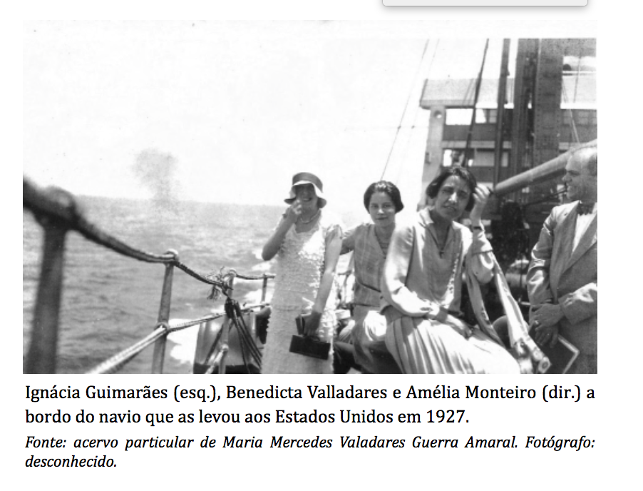 “As professoras na Universidade de Columbia, em Nova Iorque – em pé: Ignácia Guimarães (esq.), Benedicta Valladares e Amélia Monteiro (esq.); sentadas: Alda Lodi (esq.), desconhecida e Lúcia Schmidt (dir.)” De Melo, Roberta Maira. 