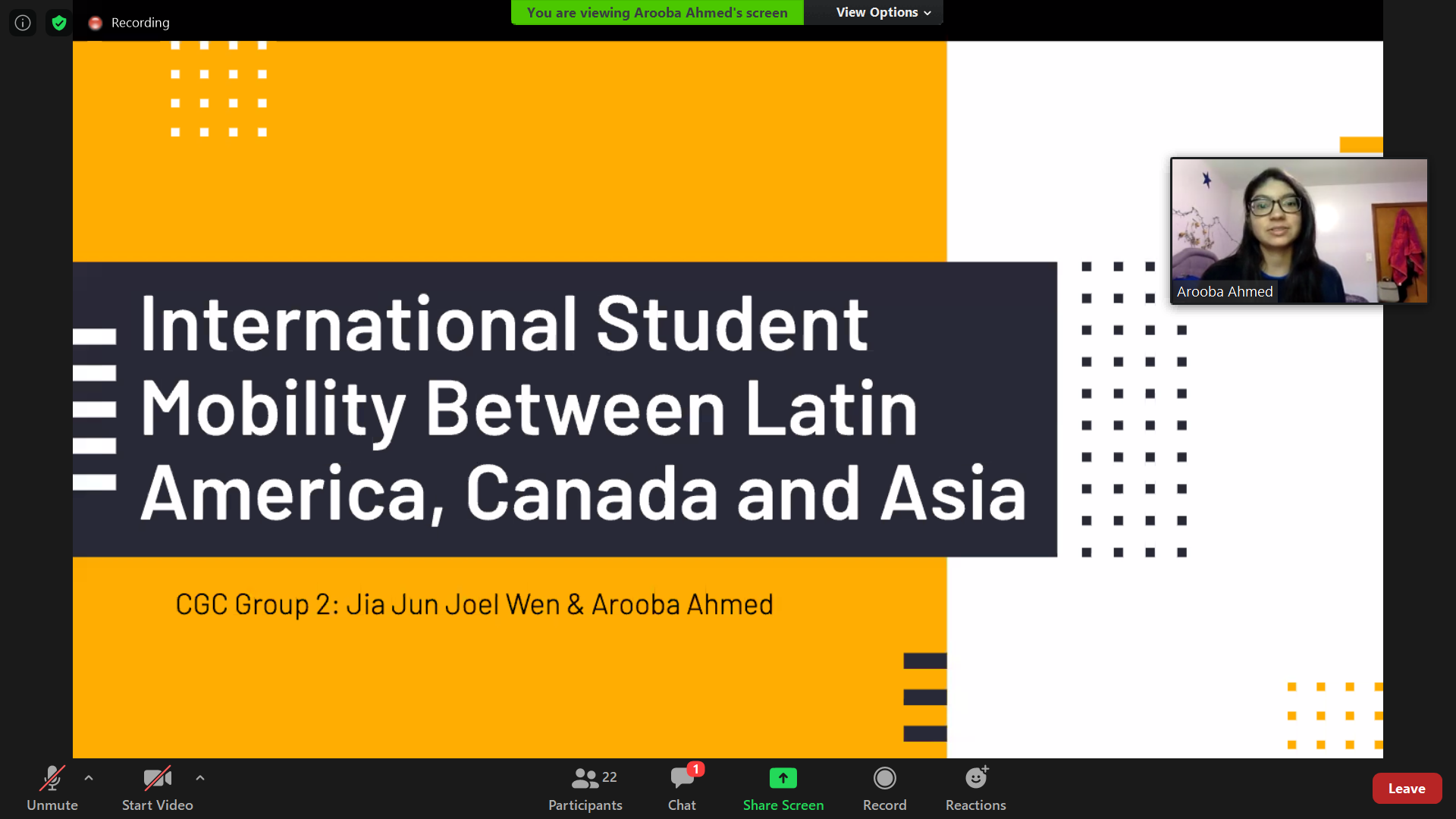 Arooba Ahmed presenting through Zoom on International Student Mobility Between Latin America, Canada, and Asia