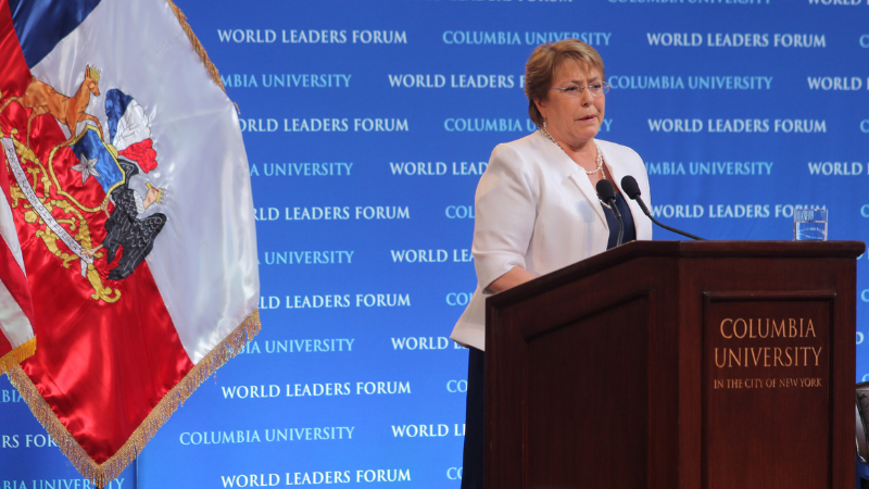 Michelle Bachelet speaking at the World Leaders Forum in 2015