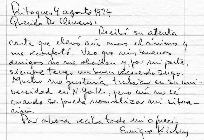 1974 Letter to Herbert Clemens that Kirberg wrote during his imprisonment in Chile.