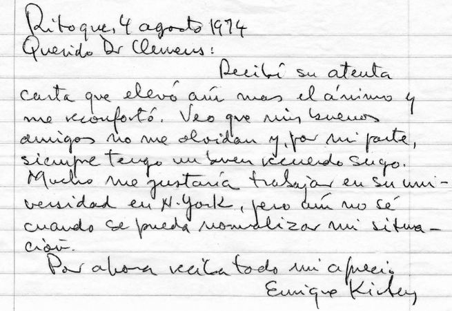 1974 Letter to Herbert Clemens that Kirberg wrote during his imprisonment in Chile. Patrick William Kelly, Sovereign Emergencies: Latin America and the Making of Global Human Rights (Cambridge University Press, 2018), 169. 1974 Letter to Herbert Clemens that Kirberg wrote during his imprisonment in Chile.