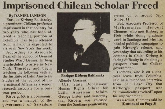 October 1975 edition of the Columbia Spectator informing of Kirberg's release.