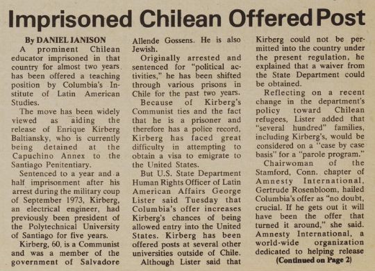 June 1975 edition of the Columbia Spectator detailing Columbia University's offer of a teaching position to Enrique Kirberg