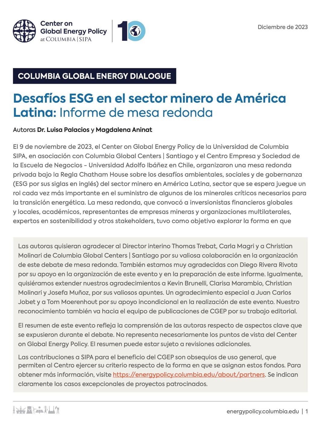 Columbia Global Energy Dialogue: Desafíos ESG en el sector minero de América Latina: Informe de mesa redonda