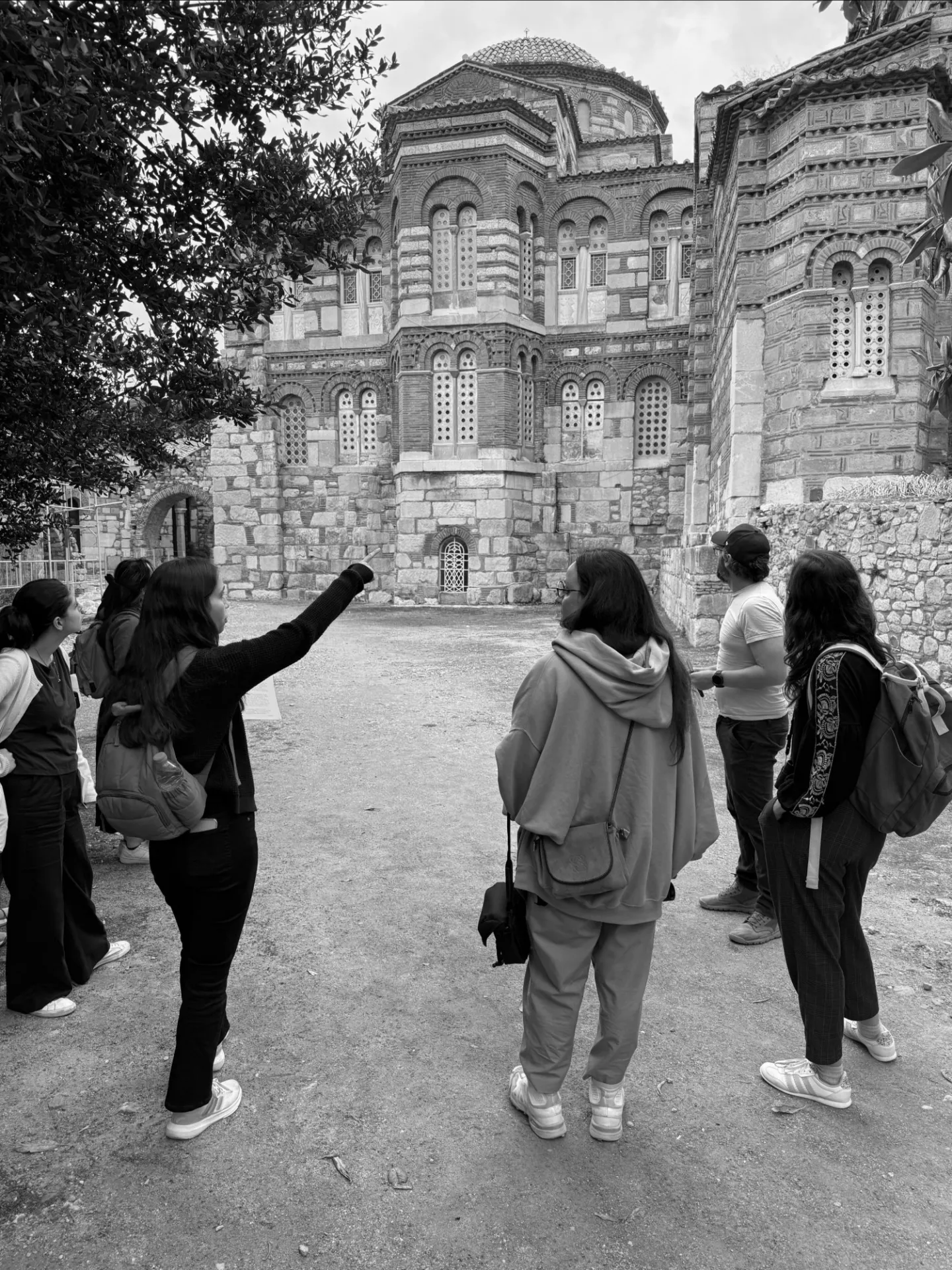 Students looking at a historical building