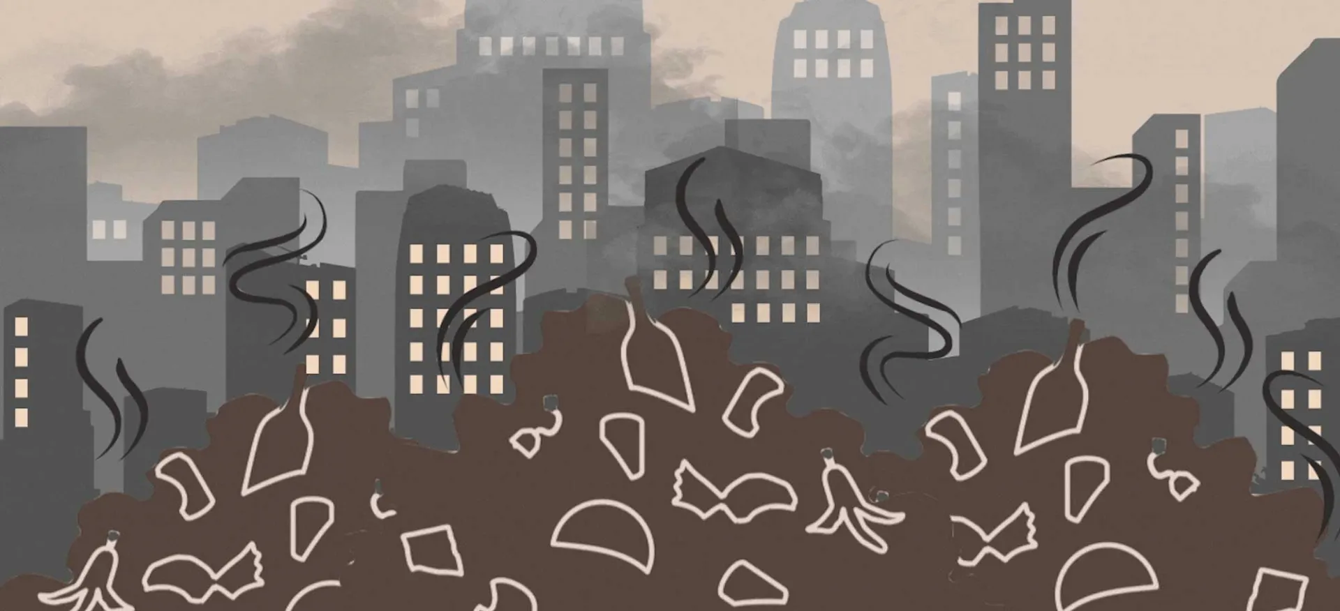 drawing of city skyline above garbage