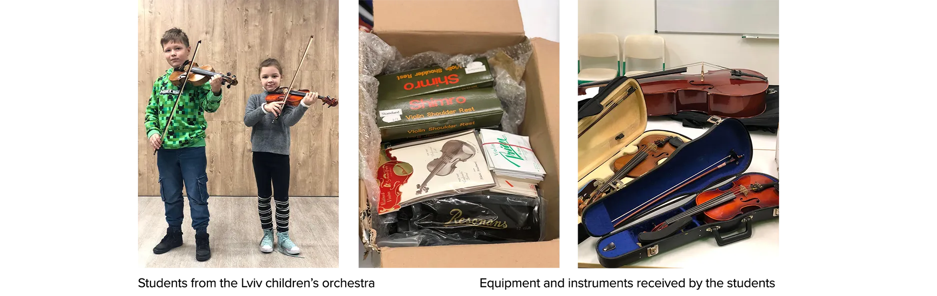 Students from the Lviv children's orchestra. Equipment and instruments received by the students.