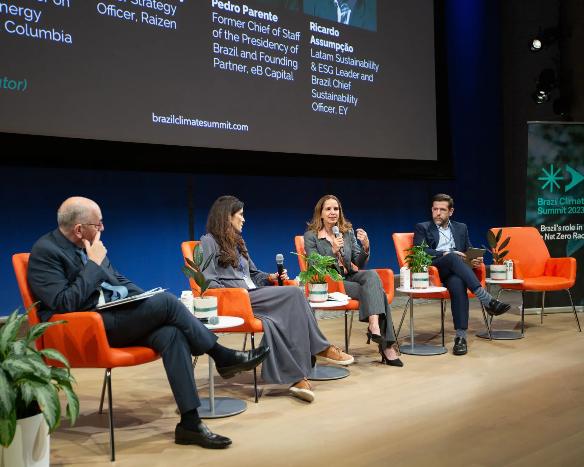 Brazil Climate Summit participants. From left to right: Pedro Parente, founding partner of  eB Capital, Paula Kovarsky, chief strategy officer at Raízen, Luisa Palacios, Center on Global Energy Policy at Columbia's School of International and Public Affairs, and Ricardo Assumpção, Brazil chief sustainability officer at EY.