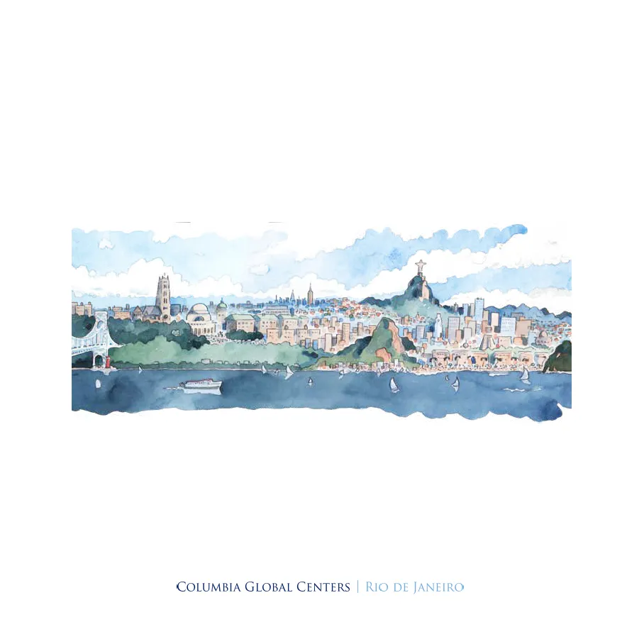 Cover of the 5-year commemorative report of the Rio Center - Watercolor painting of Columbia University and Rio de Janeiro