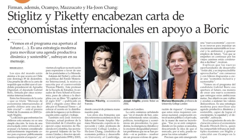 Stiglitz y Piketty encabezan carta de economistas internacionales en apoyo a Boric. Firman, además, Ocampo, Mezzucato y Ha-Joon Chang (El Mercurio, Dec 2021)