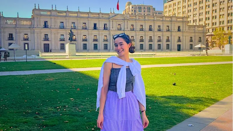 Katrina Machetta in front of La Moneda Presidential Palace in Santiago, Chile.