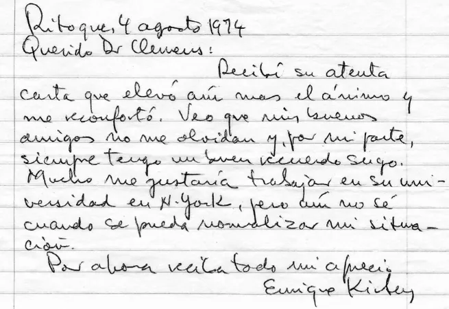 1974 Letter to Herbert Clemens that Kirberg wrote during his imprisonment in Chile.