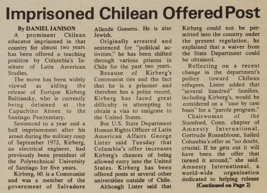 June 1975 edition of the Columbia Spectator detailing Columbia University's offer of a teaching position to Enrique Kirberg