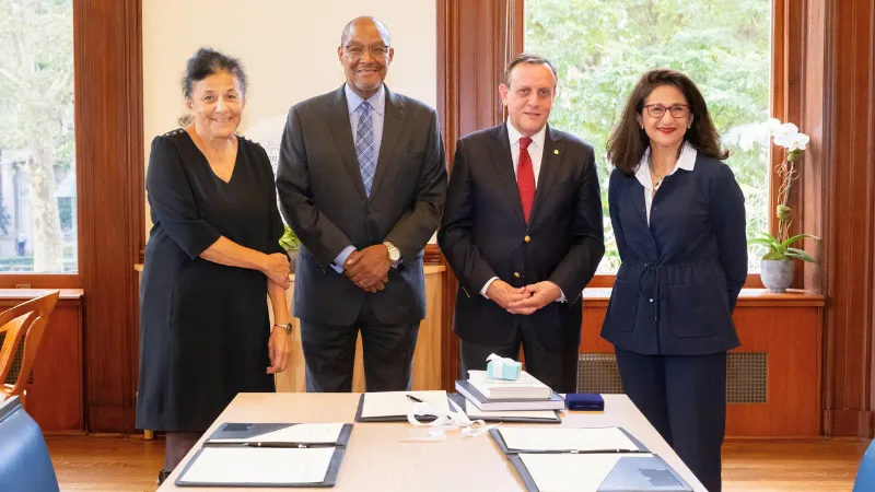 Wafaa El-Sadr (EVP for Columbia Global), Dennis Mitchell (Interim Provost, Columbia University), Ignacio Sánchez (UC President), and Minouche Shafik (Columbia President)